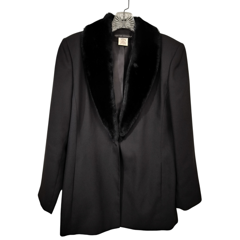 3206) Morton Bernard Black Faux Fur Collar Single Button Coat Blazer Size 8